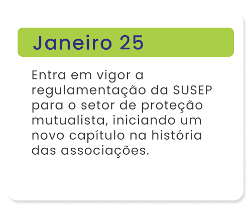 Janeiro 25: Entrada em vigor da regulamentação da SUSEP para o setor de proteção mutualista.